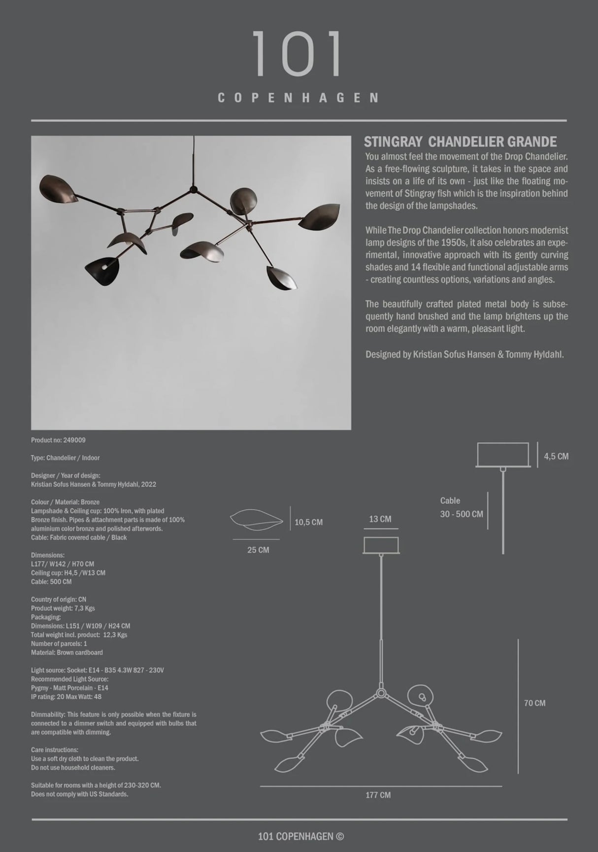 Stingray Chandelier, Grande - Bronze (5m)